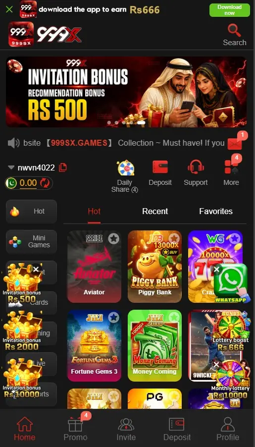 999X Game home screen showing the main interface and account features.