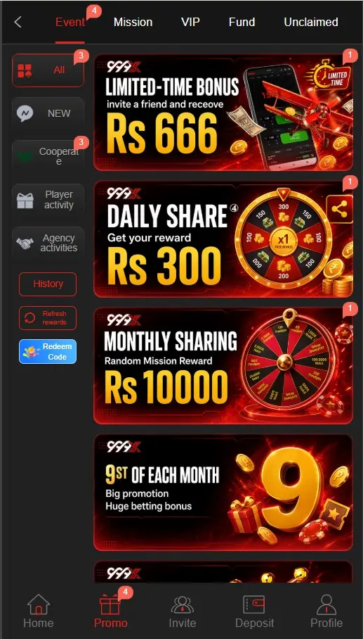 999X Game promotions page showing available offers and terms.